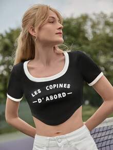 SHEIN Frenchy Áo thun nữ Bất đối xứng Tương phản ràng buộc Slogan Giải trí - màu đen - Xem 2