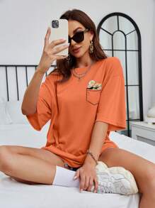 INAWLY Áo thun hở vai in họa tiết hoa Áo thun họa tiết cho nữ - trái cam - Xem 1