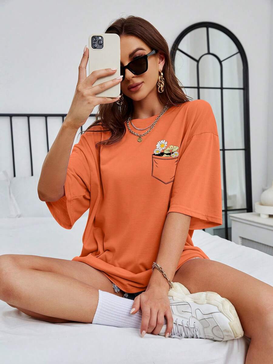 INAWLY Áo thun hở vai in họa tiết hoa Áo thun họa tiết cho nữ - trái cam - Xem 1