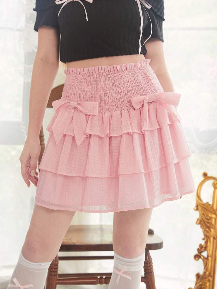 ROMWE Bow Front Ruffle Hem Skirt - Pink - View 1