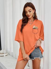 INAWLY Áo thun hở vai in họa tiết hoa Áo thun họa tiết cho nữ - trái cam - Xem 3