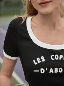 SHEIN Frenchy Áo thun nữ Bất đối xứng Tương phản ràng buộc Slogan Giải trí - màu đen - Xem 7