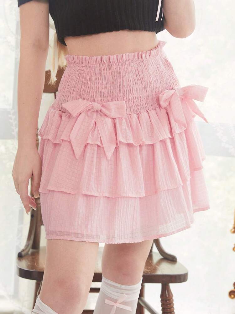 ROMWE Bow Front Ruffle Hem Skirt - Pink - View 5