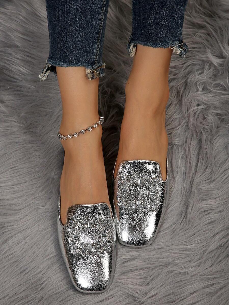 Giày bệt khóa vuông bằng kim cương giả bằng vàng - Bạc - Xem 1