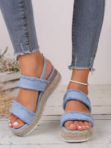 Denim thời trang đi nghỉ có dây đeo sau đế nêm Giày xăng đan nữ - Màu xanh lam - Xem 3