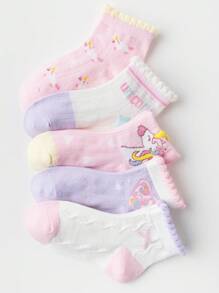 5 Pairs Girls Unicorn Print Socks, Pink, Suitable For Autumn/Winter, All Seasons, For Ages 1-3, 4-7, 8-11, 11-14
