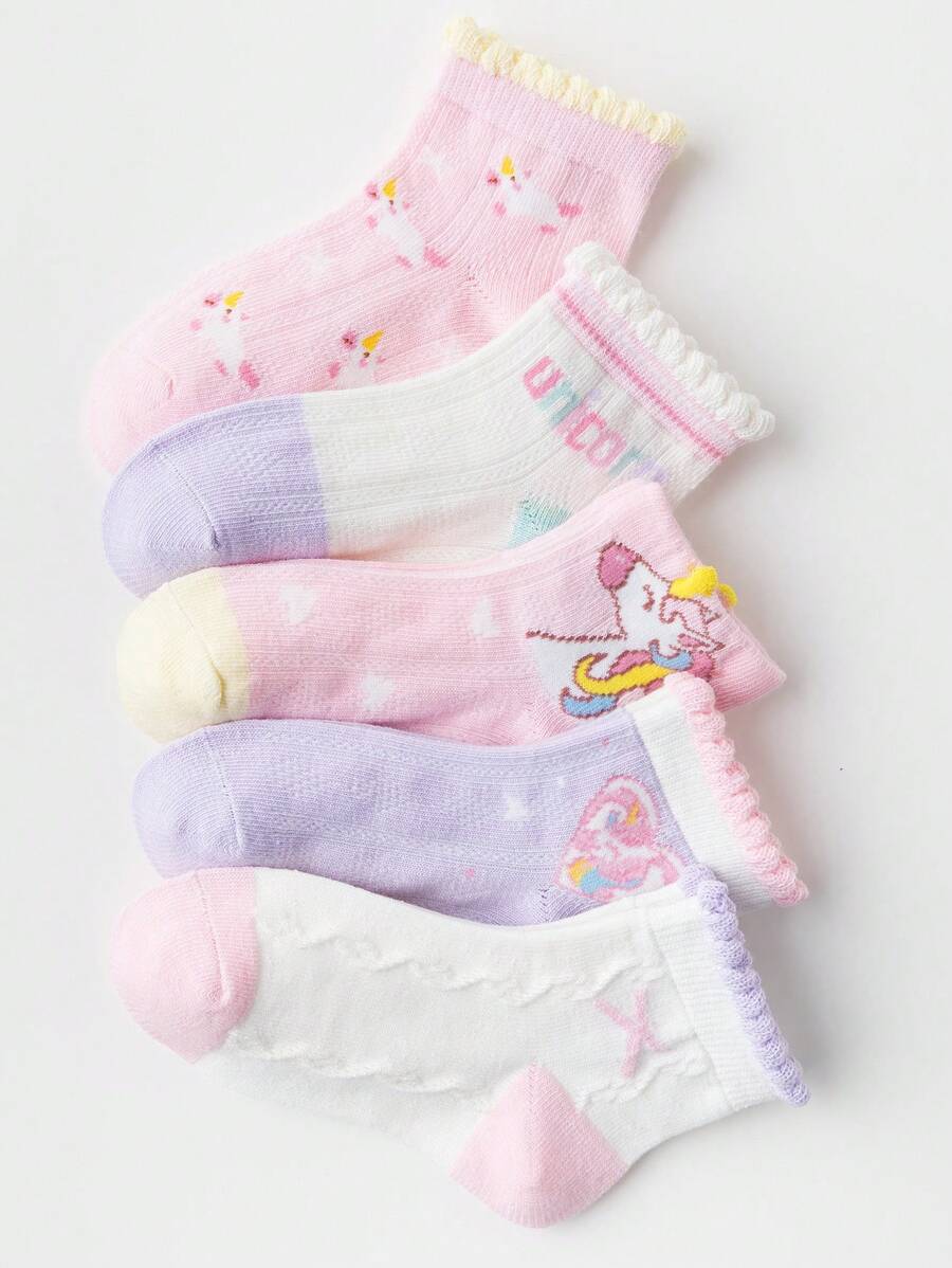 5 Pairs Girls Unicorn Print Socks, Pink, Suitable For Autumn/Winter, All Seasons, For Ages 1-3, 4-7, 8-11, 11-14