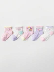 5 Pairs Girls Unicorn Print Socks, Pink, Suitable For Autumn/Winter, All Seasons, For Ages 1-3, 4-7, 8-11, 11-14