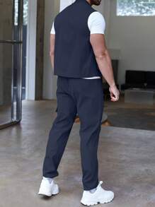 Manfinity Homme Bộ hai mảnh Nam Túi Dây kéo màu trơn Giải trí - Màu xanh hải quân - Xem 2