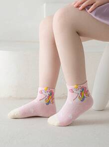 5 Pairs Girls Unicorn Print Socks, Pink, Suitable For Autumn/Winter, All Seasons, For Ages 1-3, 4-7, 8-11, 11-14