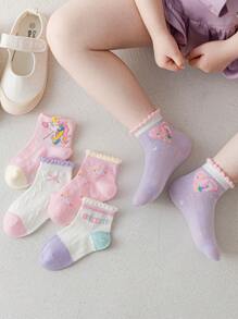 5 Pairs Girls Unicorn Print Socks, Pink, Suitable For Autumn/Winter, All Seasons, For Ages 1-3, 4-7, 8-11, 11-14