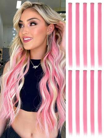 10 PCS Colored Clip In Hair Extensions 20 Inch Long Straight Hairpieces Clip In Synthetic, Halloween Cosplay Dress Up Fashion Party Christmas Carnival Music Festival New Year Gift For Women (RED)