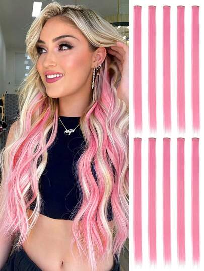 10 PCS Colored Clip In Hair Extensions 20 Inch Long Straight Hairpieces Clip In Synthetic, Halloween Cosplay Dress Up Fashion Party Christmas Carnival Music Festival New Year Gift For Women (RED)