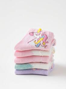 5 Pairs Girls Unicorn Print Socks, Pink, Suitable For Autumn/Winter, All Seasons, For Ages 1-3, 4-7, 8-11, 11-14