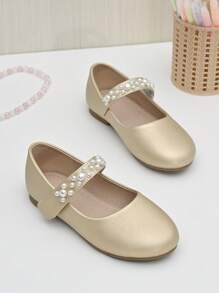 女孩人造珍珠裝飾魔術貼瑪麗珍平底鞋適用於戶外 - 香檳色 - 查看 1
