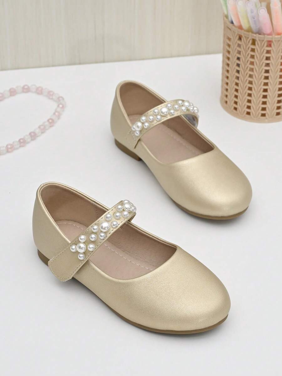 女孩人造珍珠裝飾魔術貼瑪麗珍平底鞋適用於戶外 - 香檳色 - 查看 1