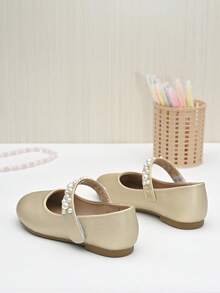 女孩人造珍珠裝飾魔術貼瑪麗珍平底鞋適用於戶外 - 香檳色 - 查看 2