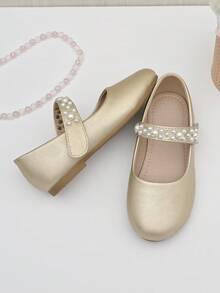 女孩人造珍珠裝飾魔術貼瑪麗珍平底鞋適用於戶外 - 香檳色 - 查看 4