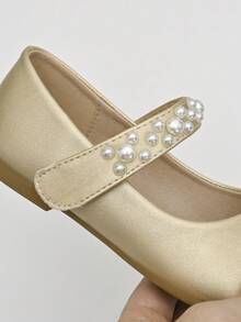 女孩人造珍珠裝飾魔術貼瑪麗珍平底鞋適用於戶外 - 香檳色 - 查看 5