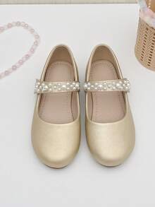 女孩人造珍珠裝飾魔術貼瑪麗珍平底鞋適用於戶外 - 香檳色 - 查看 7