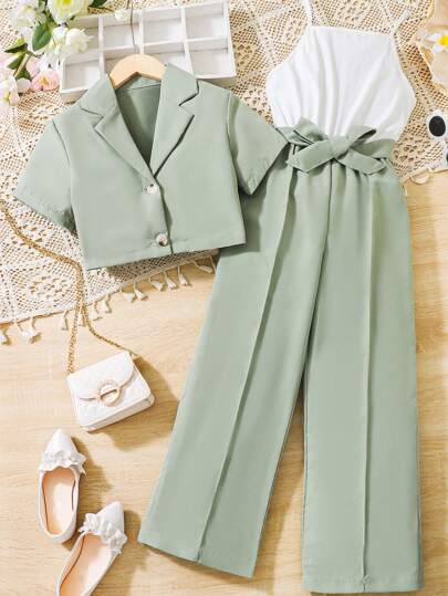 SHEIN Tween Girl Lapel Neck Blazer & Belted Cami Jumpsuit