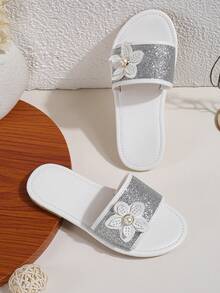 Chicas Chanclas flor & con diseño de perla artificial antideslizante para exterior - Plateado - Ver 2