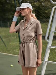 SHEIN Frenchy Áo liền quần nữ Dây kéo Túi Nút phía trước màu trơn Giải trí - Màu Khaki - Xem 3