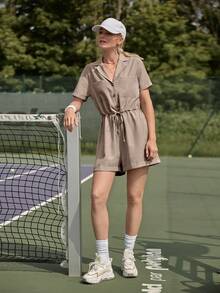 SHEIN Frenchy Áo liền quần nữ Dây kéo Túi Nút phía trước màu trơn Giải trí - Màu Khaki - Xem 5