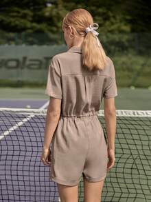 SHEIN Frenchy Áo liền quần nữ Dây kéo Túi Nút phía trước màu trơn Giải trí - Màu Khaki - Xem 6