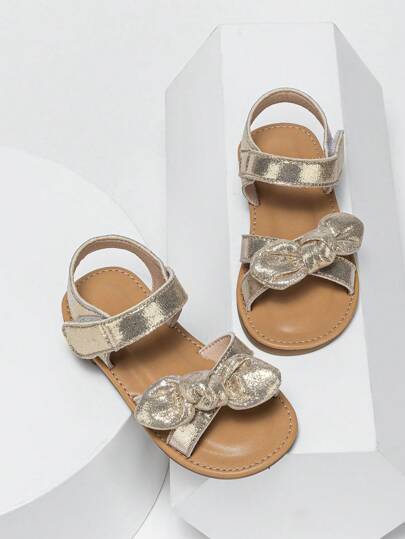 女孩蝴蝶結裝飾魔術貼踝帶平底涼鞋適合夏天