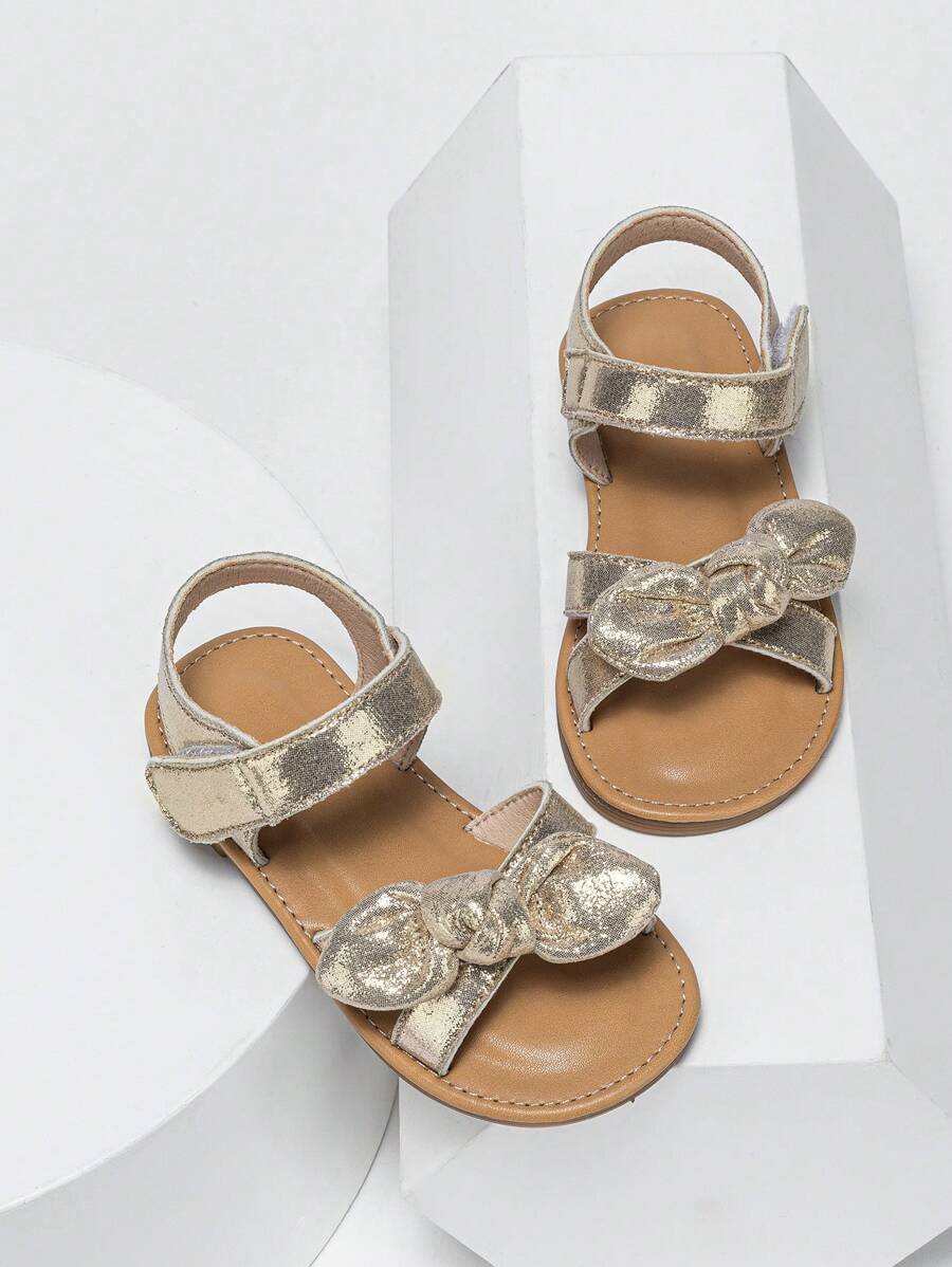 Girls Bow Decor Hook-and-loop Fastener Ankle Strap Sandals For Summer - Gold - View 1