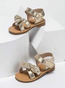 Girls Bow Decor Hook-and-loop Fastener Ankle Strap Sandals For Summer - Gold - View 3
