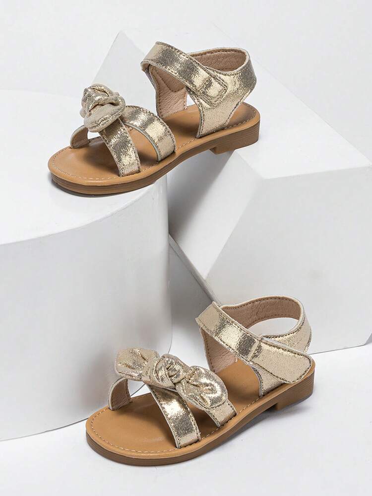 Girls Bow Decor Hook-and-loop Fastener Ankle Strap Sandals For Summer - Gold - View 3