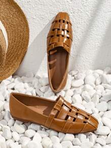 鏤空方頭平底鞋 - 棕色 - 查看 2