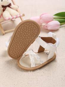 女嬰編織細節魔術貼蝴蝶結裝飾踝帶平底涼鞋適用於戶外 - 白色 - 查看 2