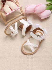 女嬰編織細節魔術貼蝴蝶結裝飾踝帶平底涼鞋適用於戶外 - 白色 - 查看 6