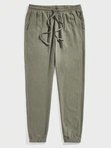 GENTILAND 男士素色腰部抽繩長褲 - 軍綠色 - 查看 1