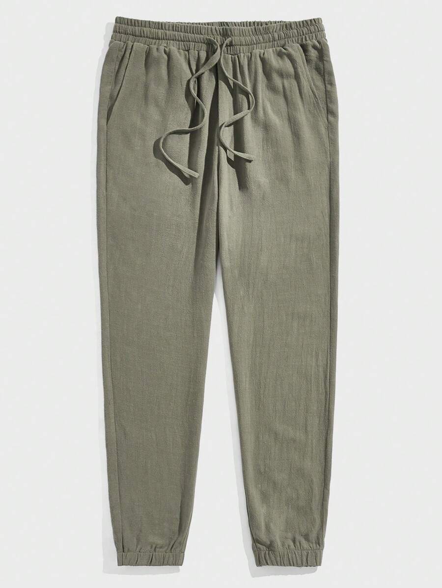 GENTILAND 男士素色腰部抽繩長褲 - 軍綠色 - 查看 1