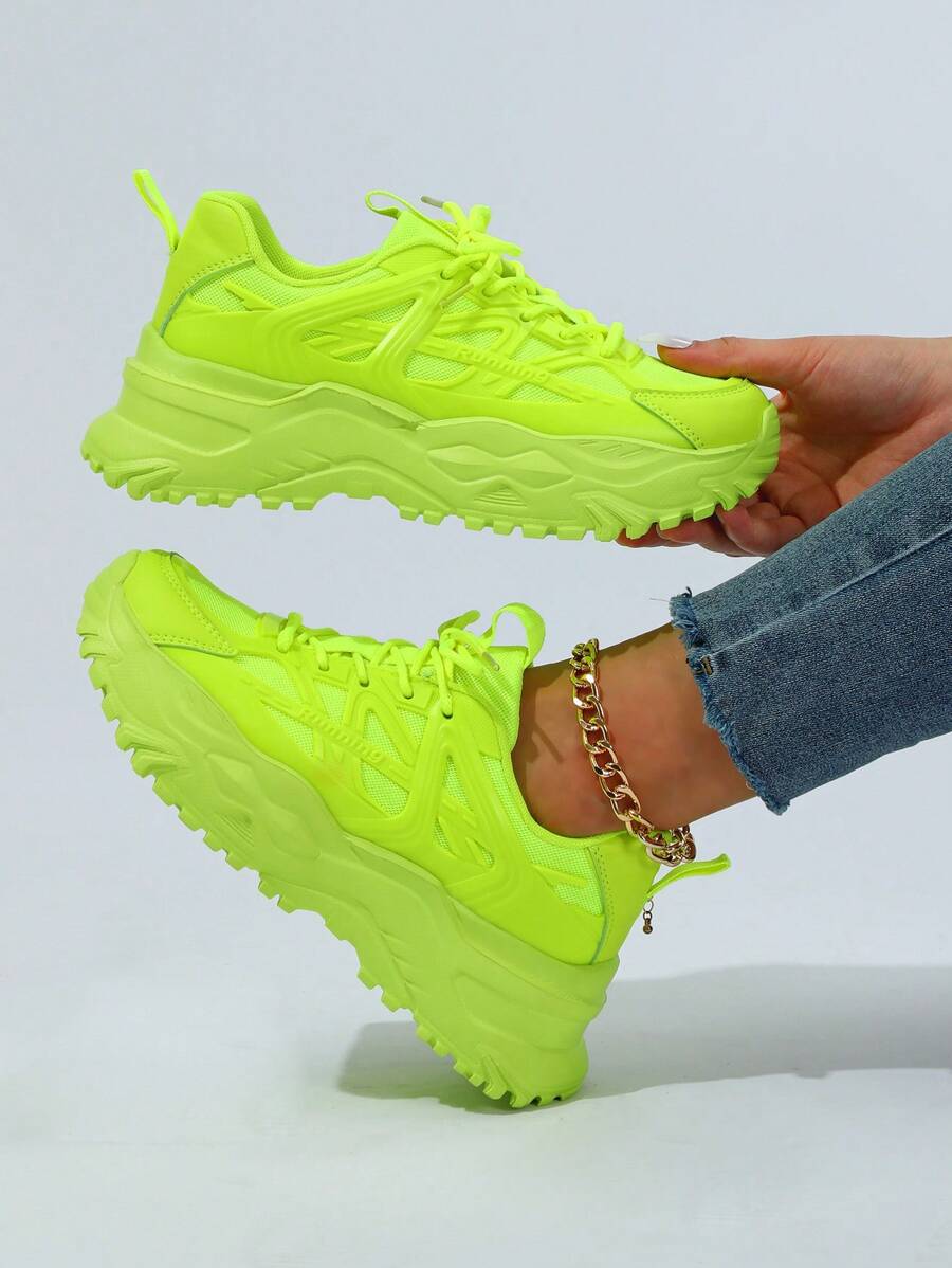 Giày Chunky Mềm Mại Thoáng Khí Màu Xanh Huỳnh Quang Thoải Mái Để Đi Làm, Đi Học, Đi Bộ (unisex)