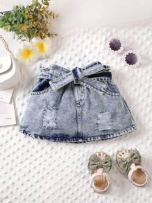 嬰兒破洞斜口袋腰帶半身裙 - 藍色 - 查看 1