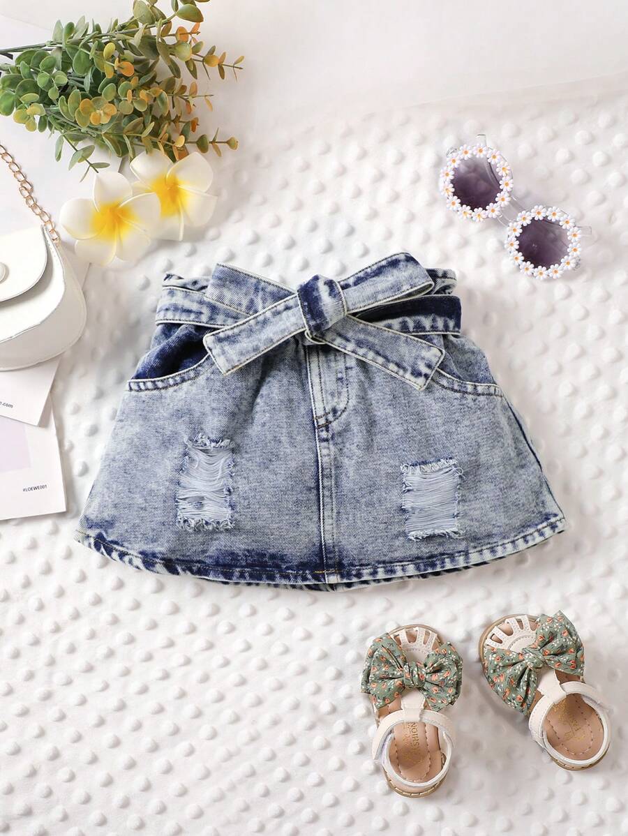 嬰兒破洞斜口袋腰帶半身裙 - 藍色 - 查看 1