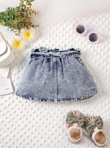 嬰兒破洞斜口袋腰帶半身裙 - 藍色 - 查看 2