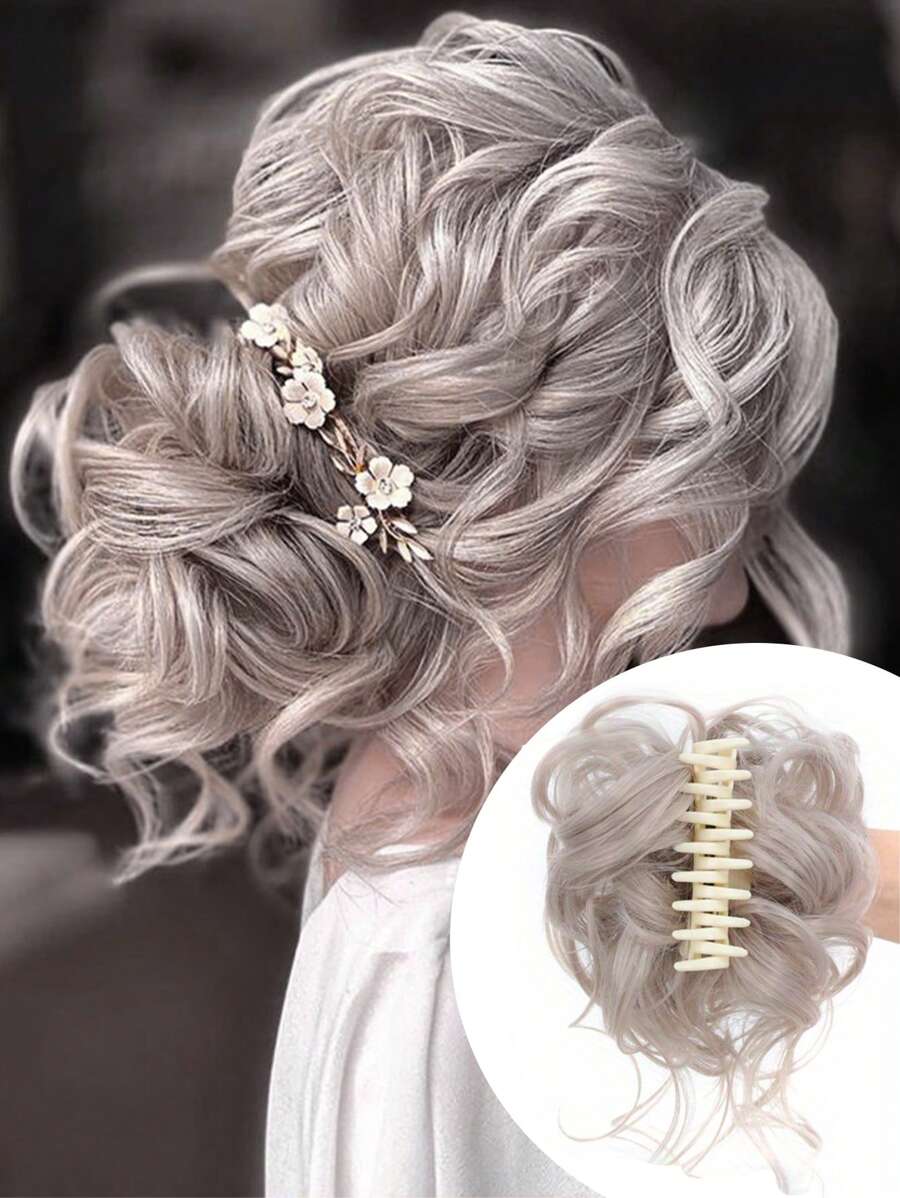 Short Curly Synthetic Hair Bun - Grey - View 1