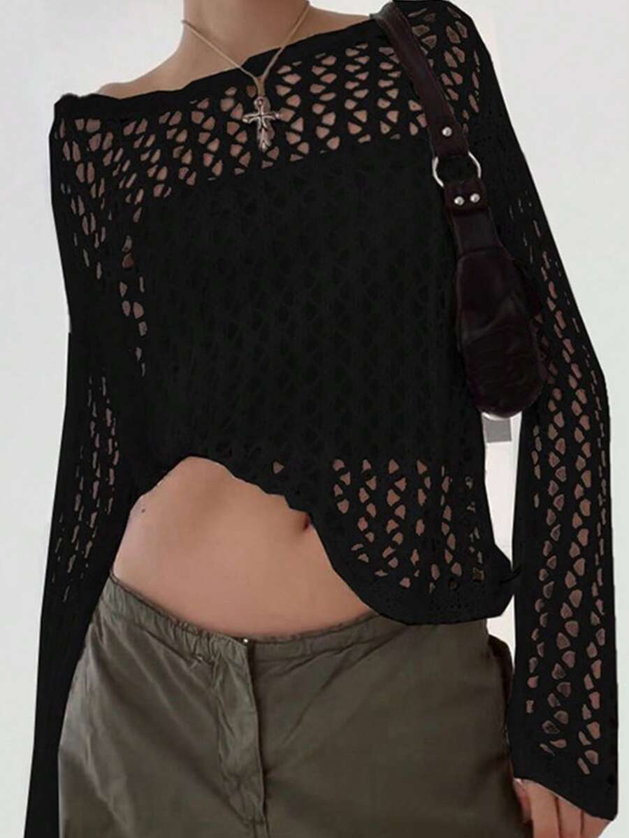 Solid Hollow Out Crop Top Without Bandeau - Black - View 1