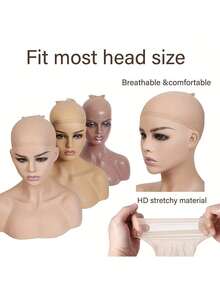 2包HD假髮帽，適用於前蕾絲假髮，彈性中號尼龍長筒襪帽，彈性假髮帽，透氣 - 卡其色 - 查看 3