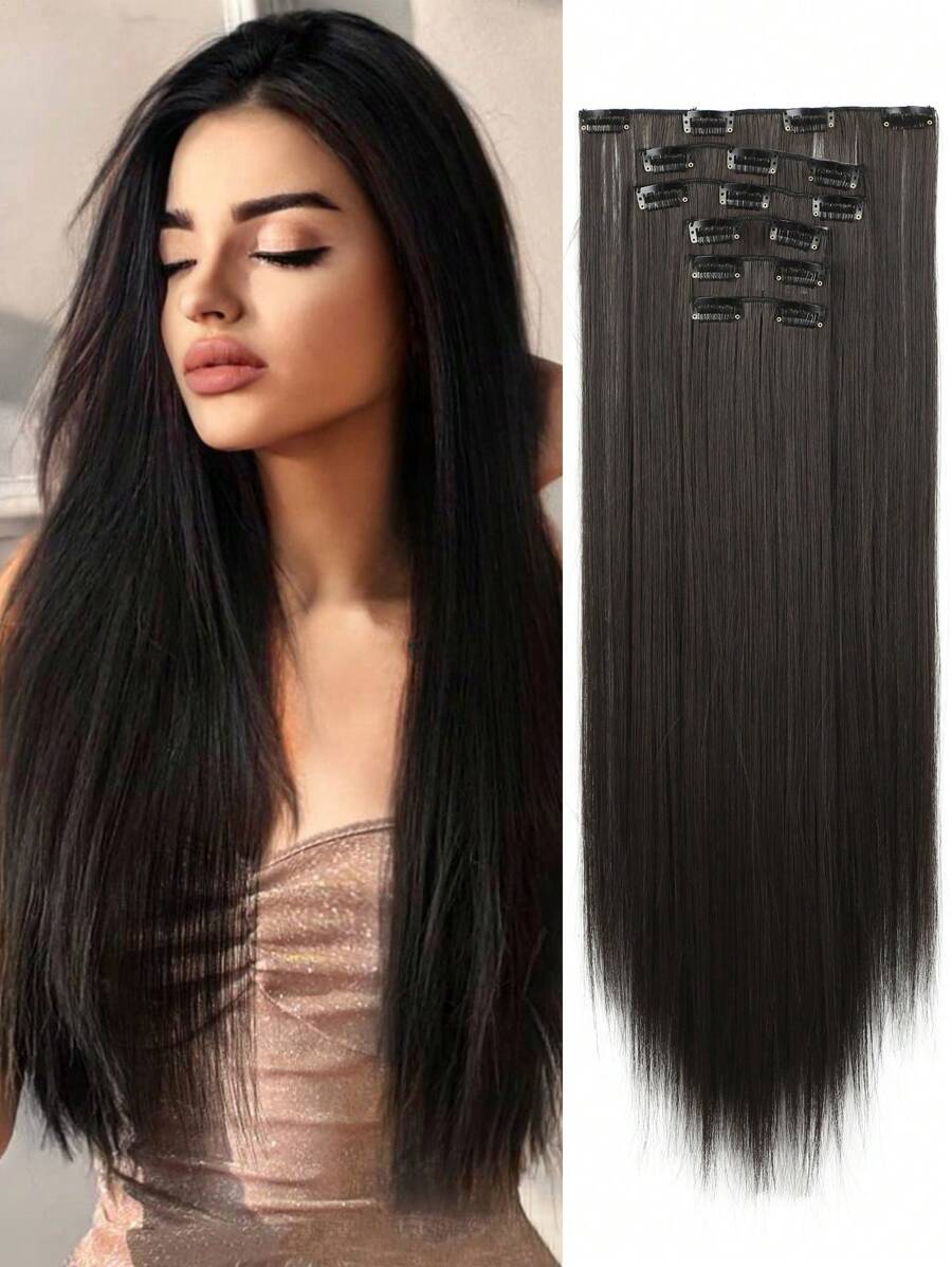 6 cái kẹp trong phần mở rộng tóc tổng hợp dài thẳng - Cà phê nâu - Xem 1