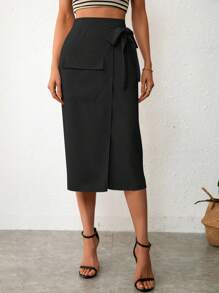 SHEIN Essnce Váy nữ Thắt nút Trọn gói màu trơn Giải trí - màu đen - Xem 3