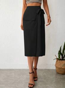 SHEIN Essnce Váy nữ Thắt nút Trọn gói màu trơn Giải trí - màu đen - Xem 4