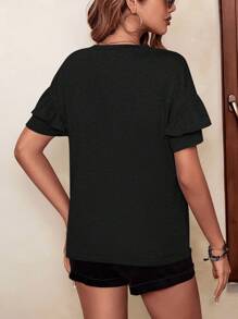 SHEIN LUNE Áo thun nữ Xù phân lớp màu trơn Giải trí - màu đen - Xem 2
