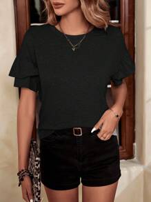 SHEIN LUNE Áo thun nữ Xù phân lớp màu trơn Giải trí - màu đen - Xem 3